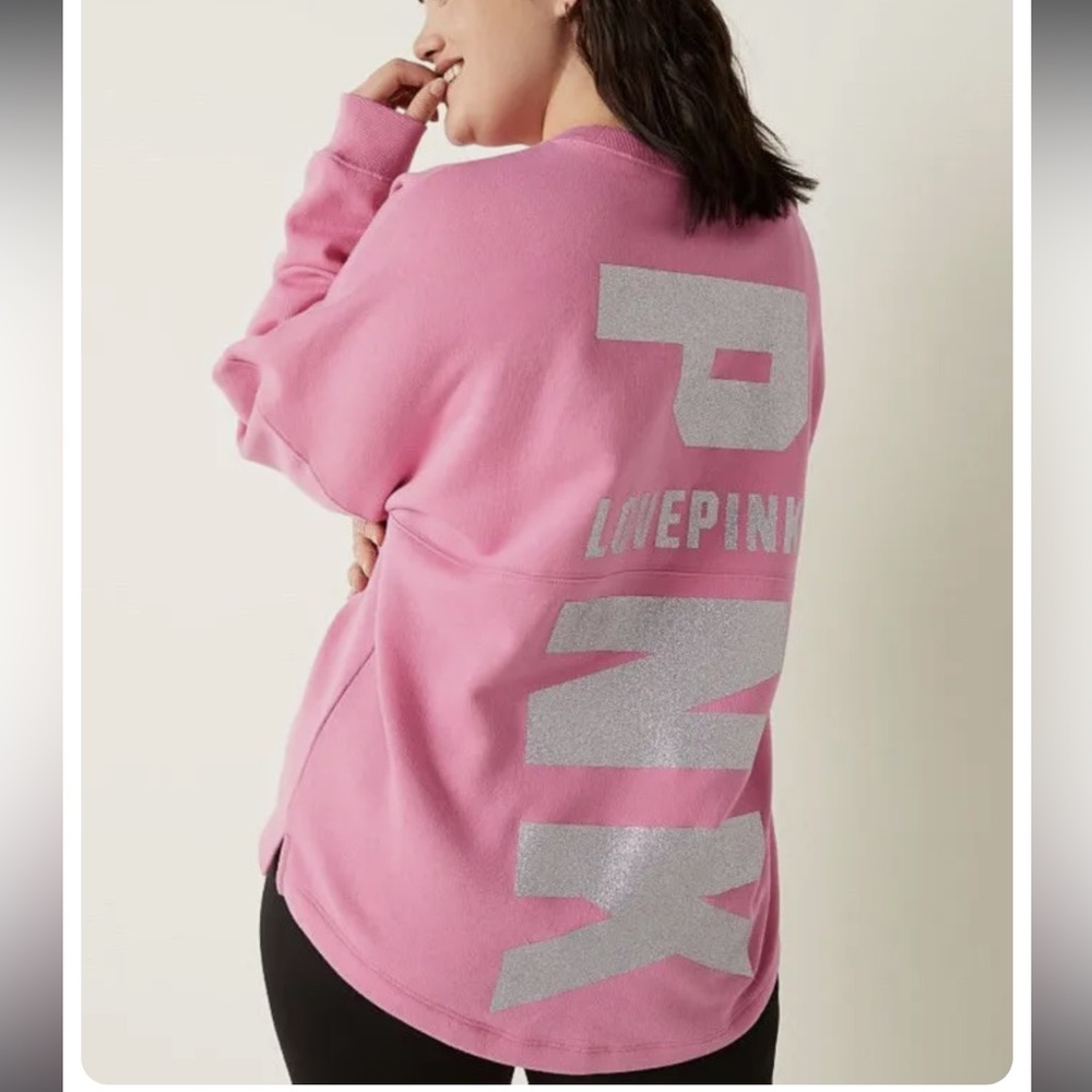Pink Victorias Secret Varsity Crewneck Silver Sparkly Spirit Jersey
